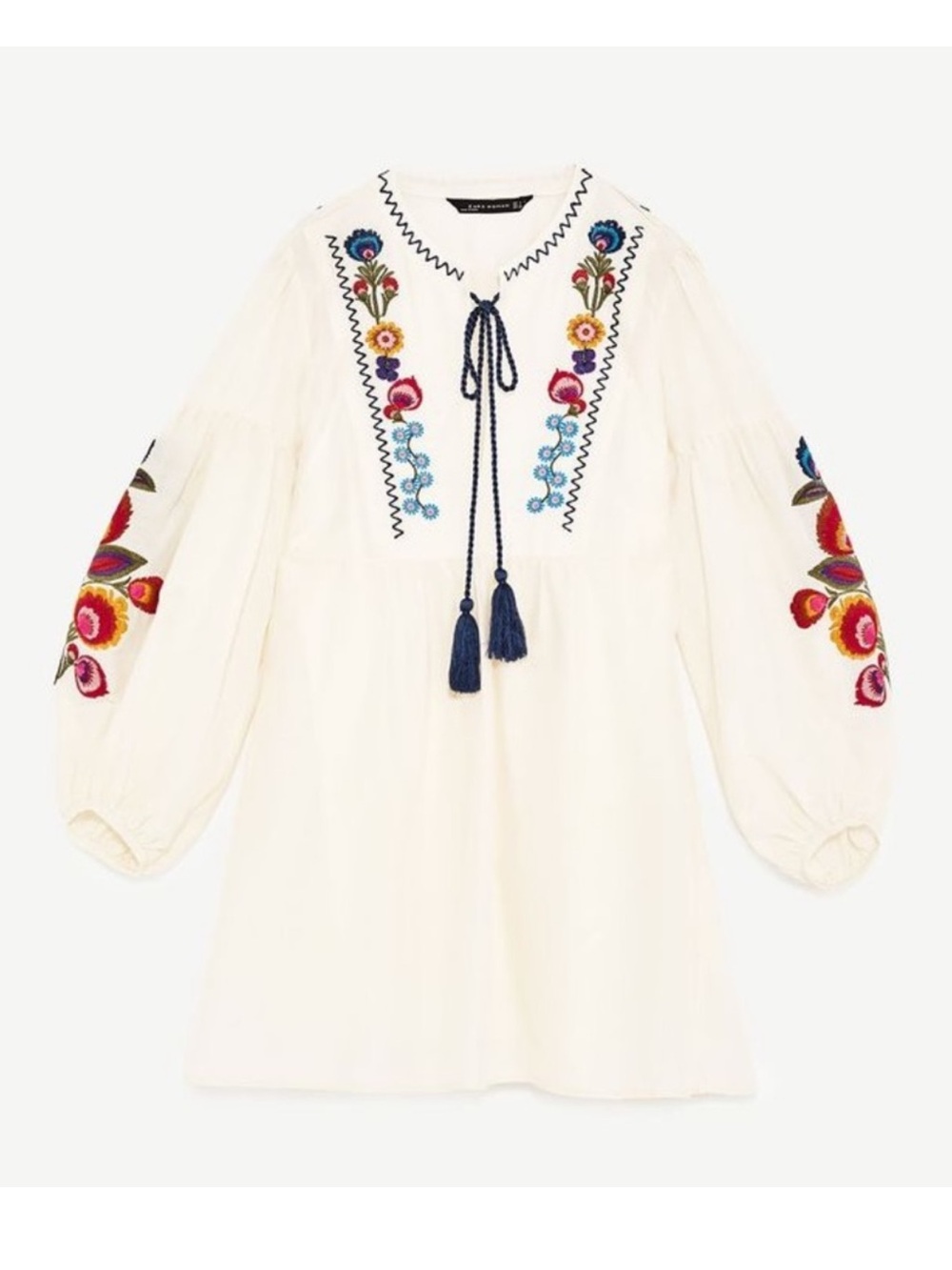 Zara Embroidered Ivory Boho Tunic Dress with Navy Tassel Tie - Picture 2 of 6